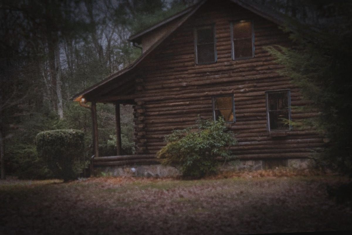 Simulated unedited photo of a log cabin at dusk: tilted, dark, blue-grey and grainy, framed too low.
